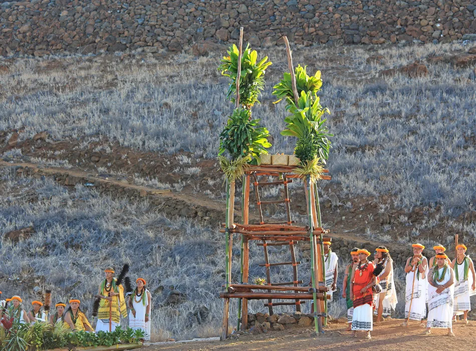 Traditional Hawaiian cultural ceremony at Puukohola Heiau featuring participants in traditional attire and a wooden offering structure adorned with greenery.
