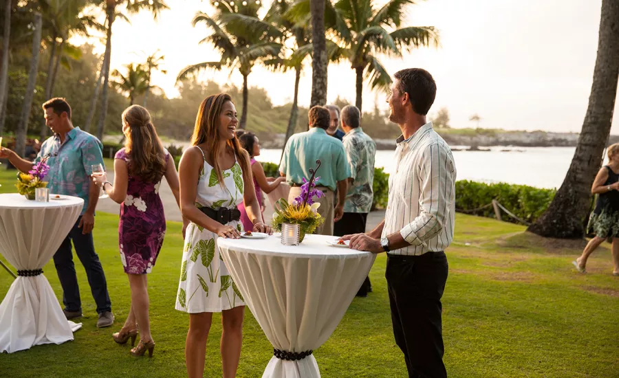 Kapalua Dinner Outdoors with ocean and palm trees in background Maui